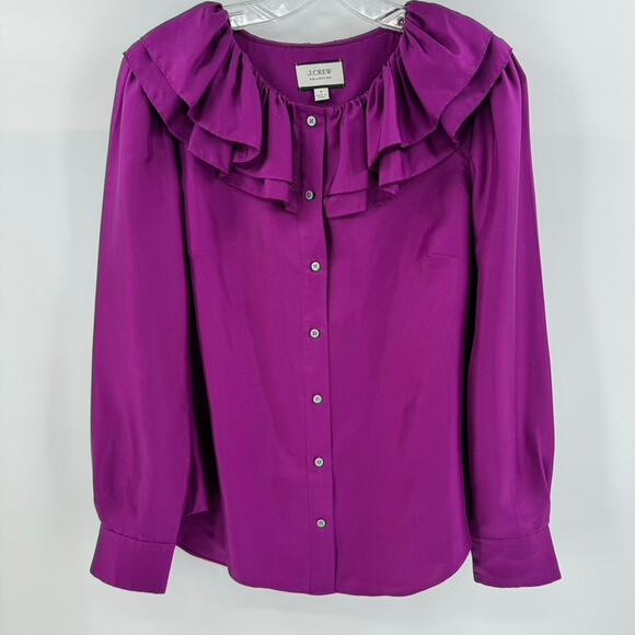 J. Crew Collection Twill Ruffle Collar Silk Button Front Blouse Top Sz S Purple - Picture 1 of 6